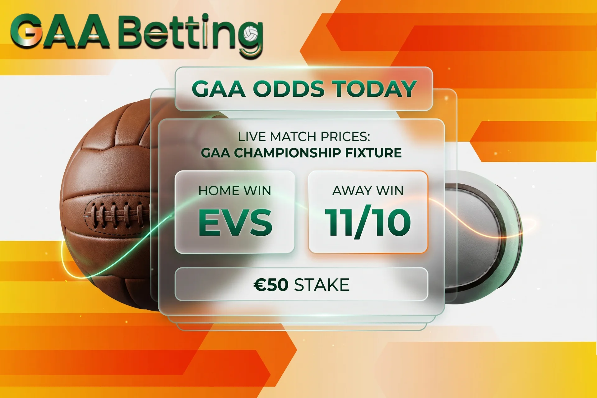 Live Gaelic football match prices and Championship fixture odds, showcased on a frosted glass betting card beside a leather Gaelic ball.
