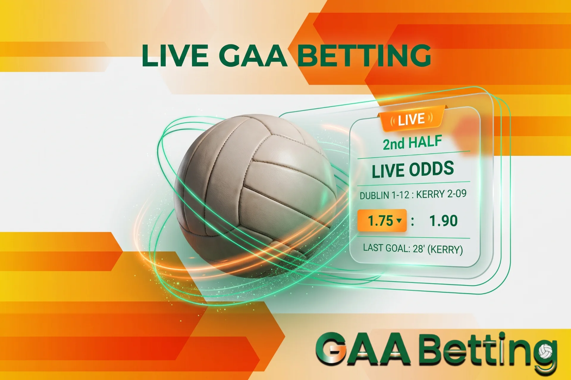 Dynamic live in-play Gaelic football betting with real-time match scores, presented on a glowing glass display beside an energetic swirling ball.